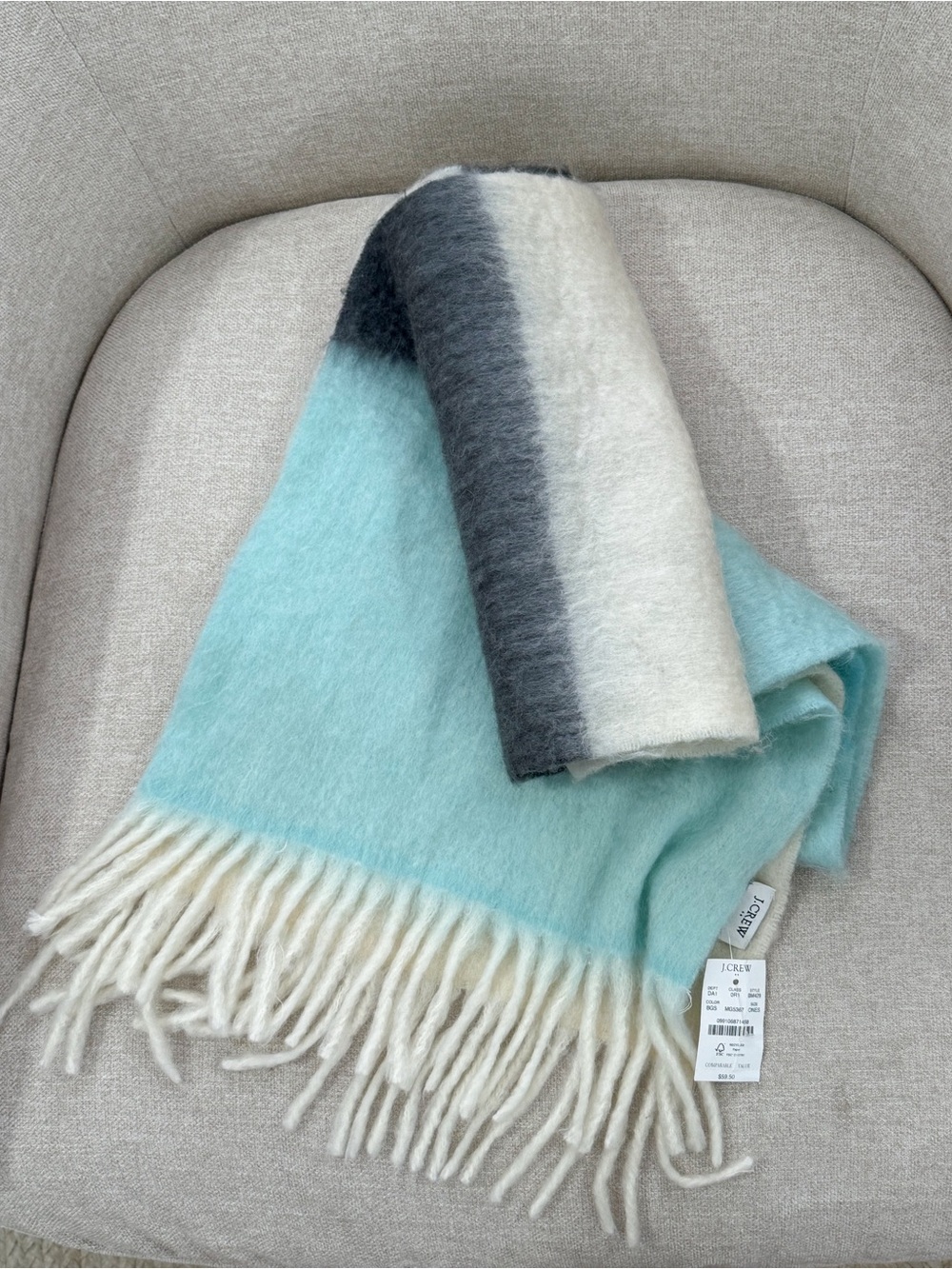 NWT J Crew Classic Brushed Scarf Women's Acrylic Fringe Teal White Gray